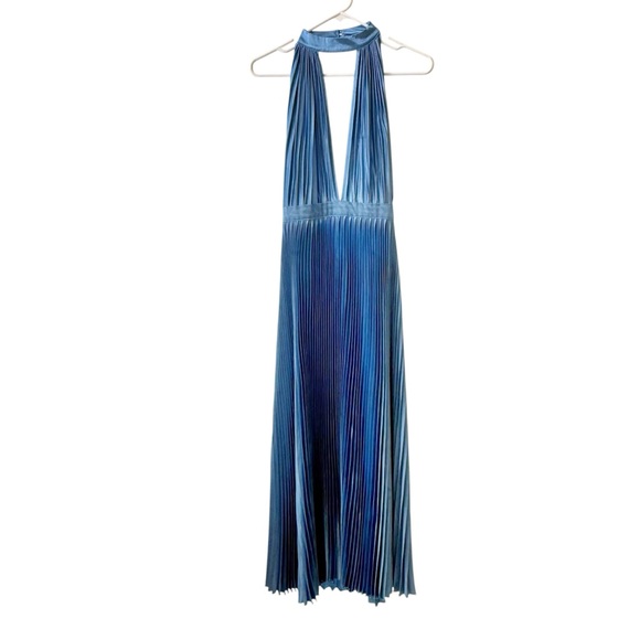 L’IDEE Chateau Pleated Halter Midi Dress Mediterranean Blue Sz 6 US - Picture 2 of 9